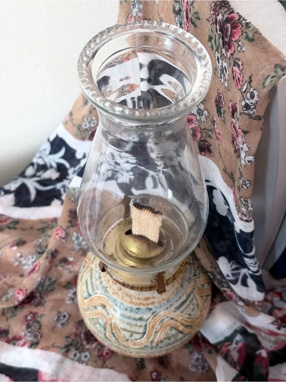 Oil Lamp Stoneware Hurricane Glass Chimney 14” Vintage Studio Pottery